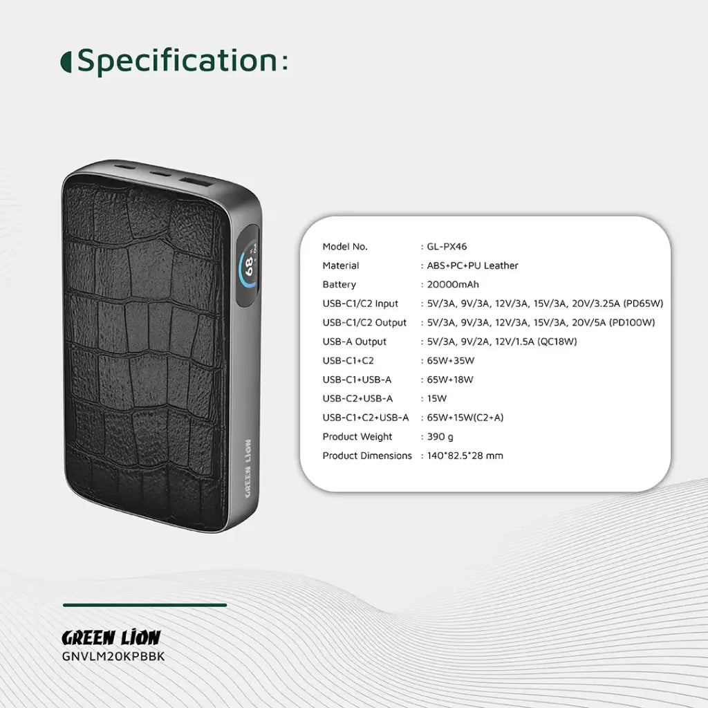 Green Lion Valmont 20000mAh Power Bank PD 100W Black GNVLM20KPBBK - Detail 1