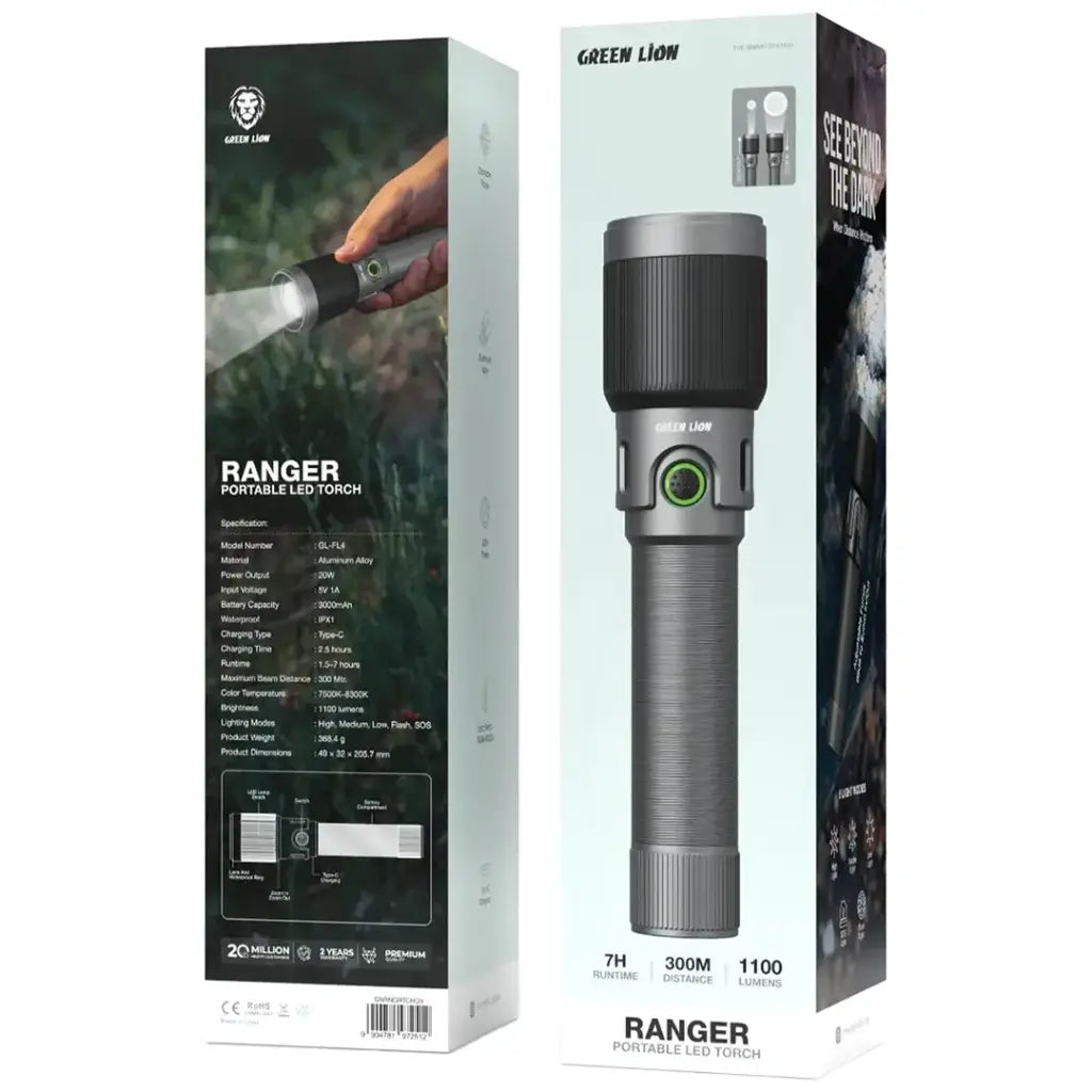 كشاف جرين لايون رانجر LED المحمول بسعة بطارية 3000 مللي امبير - رمادي | Green Lion Ranger Portable LED Torch 3000mAh – Gray