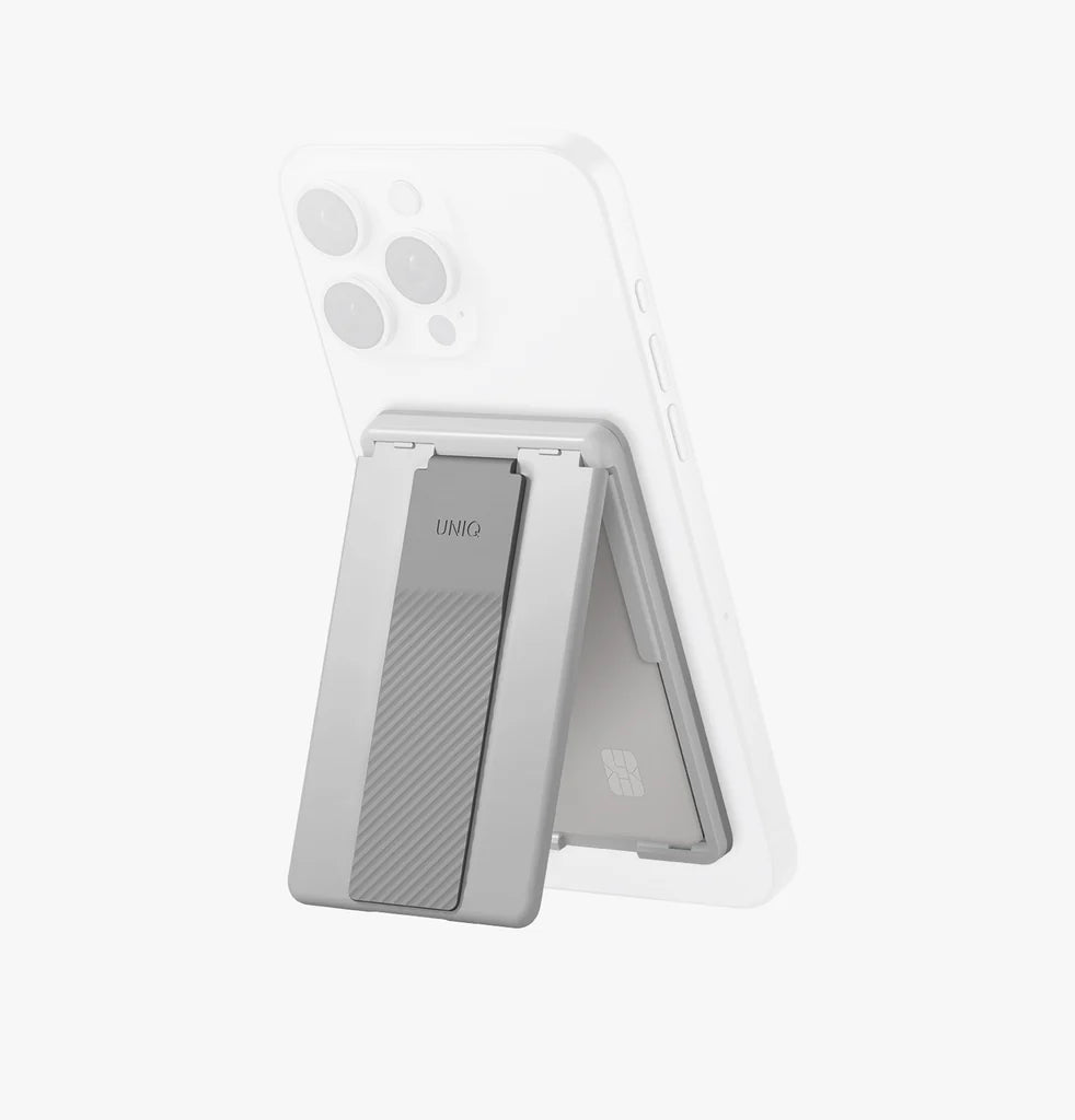 UNIQ Heldro ID magnetic card holder with FlexGrip band and stand Chalk Grey