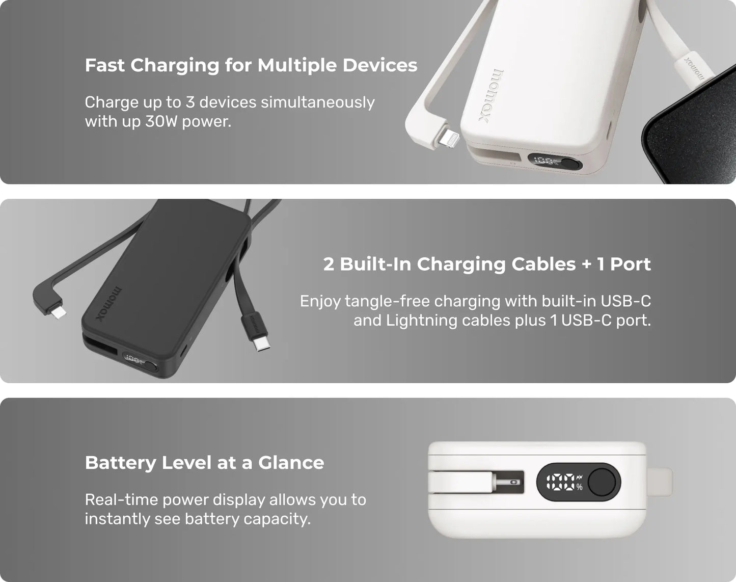 باور بانك موماكس +Power Vital بسعة 10,000 مللي امبير مع كيبل تايب سي و لايتتنغ مدمجين | Momax Power Vital+ 10000mAh Battery Pack with Built-in USB-C and Lightning Cables