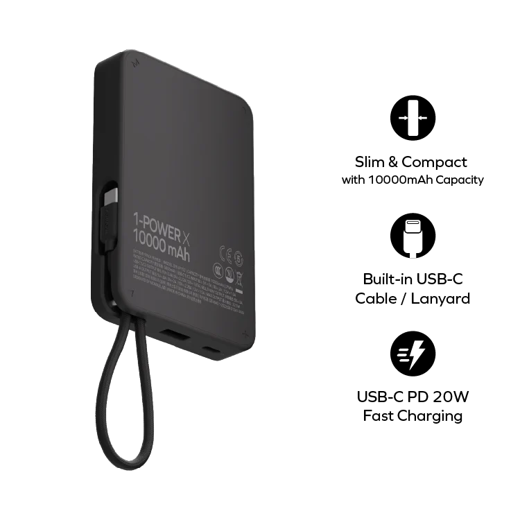 باور بانك موماكس Power X بسعة 10000 مللي امبير مع كيبل USB-C مدمج | Momax Power X 10000mAh Battery Pack with Built-in USB-C Cable
