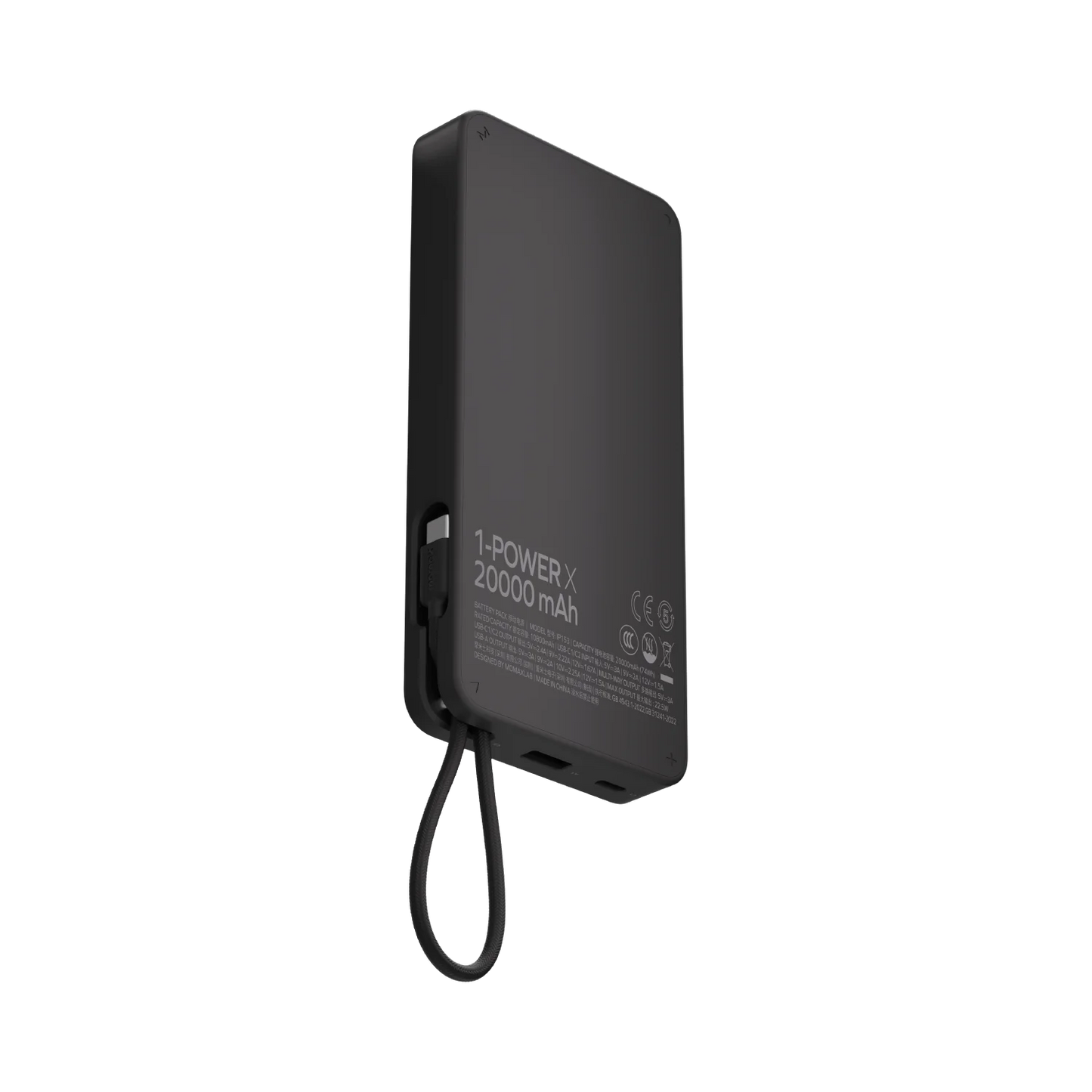 باور بانك موماكس باور اكس 1 بسعة 20,000 مللي امبير مع كيبل تايب سي مدمج | Momax Power X1 20000mAh Battery Pack with Built-in USB-C Cable and Fast Charging