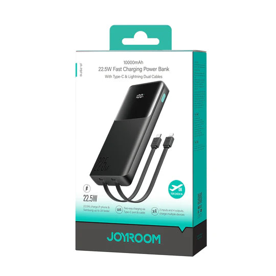 Bankeya Hêzê ya Joyroom 10,000mAh 22.5W bi Dîmendera Dîjîtal û Kabloyên Çêkirî yên Type-C û Lightning - Reş | JOYROOM JR-PBF19
