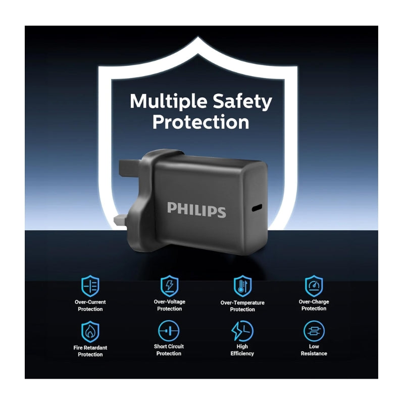 Philips Wall charger 30W with cable C-C DLP5312NB Black | شاحن حائط فيليبس 30 واط مع كيبل C-C DLP5312NB أسود