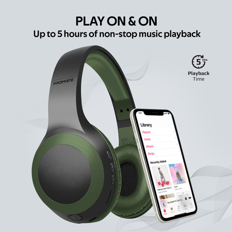 Promate LaBoca Deep Bass Wireless Headphones 200mAh Midnight Green-Folded