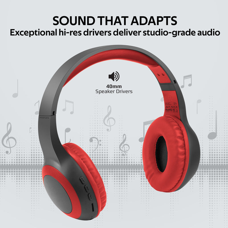 Promate LaBoca Deep Bass Wireless Headphones 200mAh Red-Angle