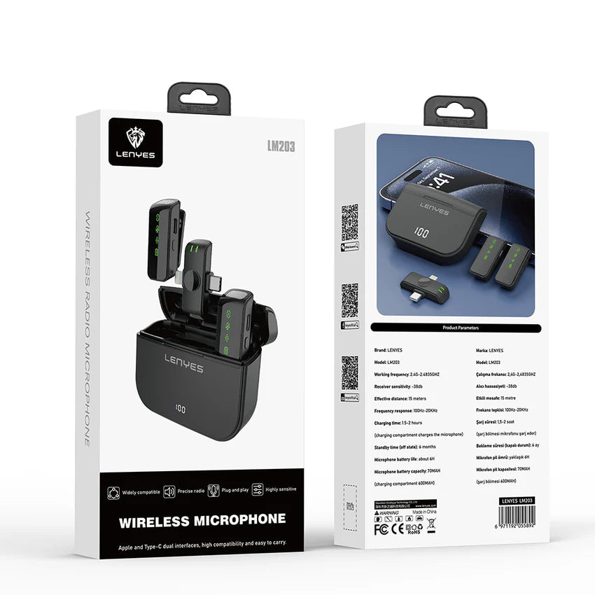 ميكروفون لافالير لاسلكي Lenyes LM203 ثنائي منافذ Type-C و Lightning بطارية 4 ساعات | Lenyes LM203 Dual Wireless Lavalier Microphone Type-C & Lightning 4H Battery
