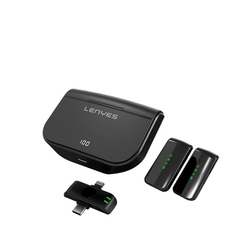 ميكروفون لافالير لاسلكي Lenyes LM203 ثنائي منافذ Type-C و Lightning بطارية 4 ساعات | Lenyes LM203 Dual Wireless Lavalier Microphone Type-C & Lightning 4H Battery