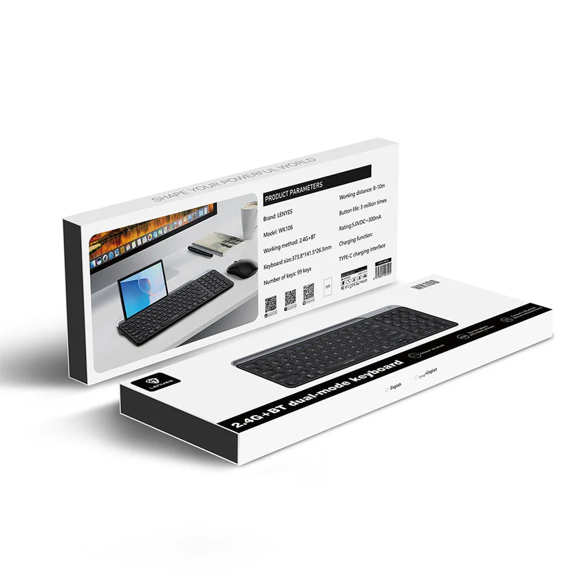 لوحة مفاتيح لاسلكية Lenyes WK106 صامتة حامل مدمج بلوتوث مزدوج 2.4GHz 99 مفتاح شحن Type-C | Lenyes WK106 Silent Wireless Keyboard Dual Bluetooth 2.4GHz 99 Keys Built-in Stand Type-C