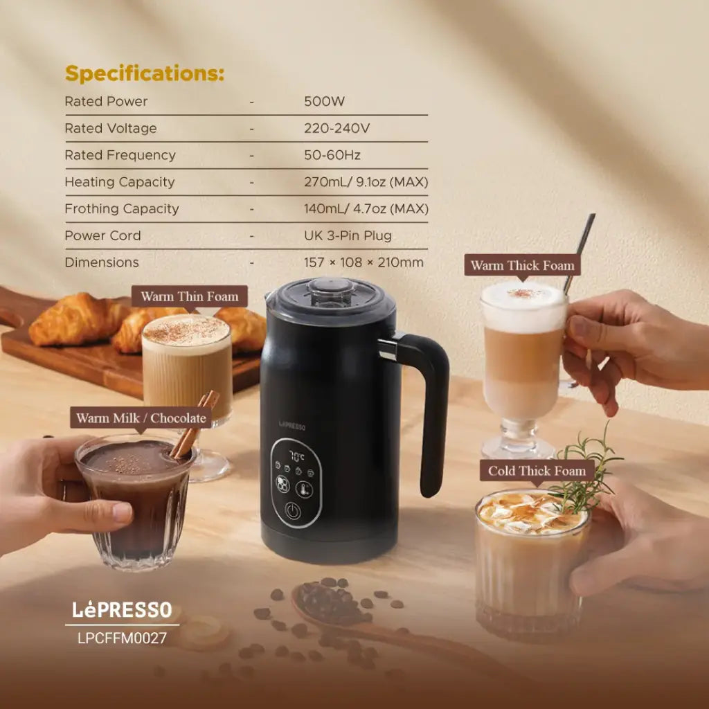 خفاق الحليب الكهربائي متعدد الوظائف من ليبريسو بقدرة 500 واط – أسود | LePresso 500W Electric Multifunction Milk Frother - Black