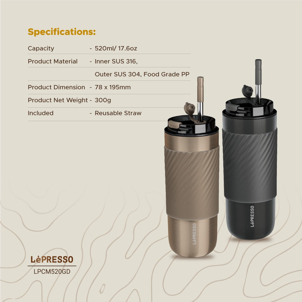 كوب القهوة الحراري من ليبريسو مع غلاف وشفاط للشرب سعة 520 مل | Lepresso Coffee Mug with Sleeve and Straw 520ml