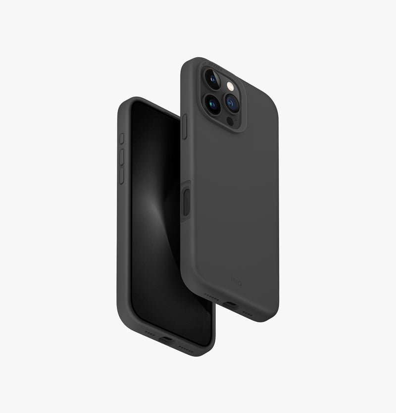 UNIQ Lino Hue liquid silicone case for iPhone 16 Pro Max Grey - front and back