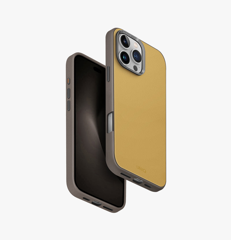 UNIQ Lyden DS dual-tone leatherette case for iPhone 16 Pro Max Canary Yellow Grey - main view