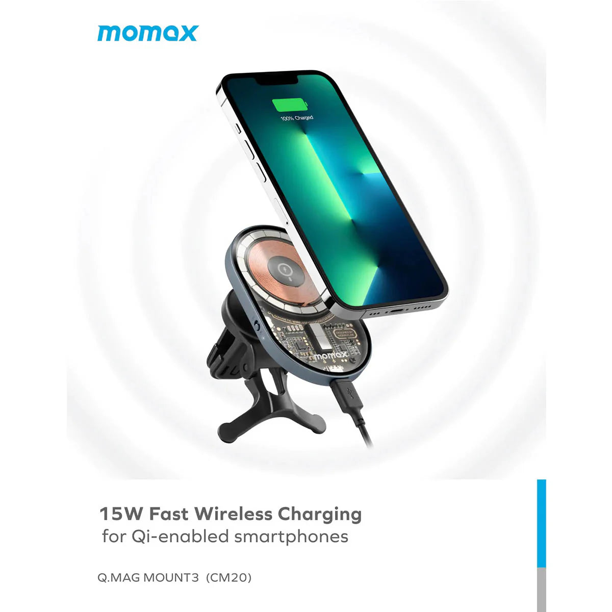Momax Q.Mag Mount 3 15W Magnetic Wireless Charging Mover - Girêdera Telefona Otomobîlê ya Magnetic bi Barkirina Bêtêl a Bilez a 15W