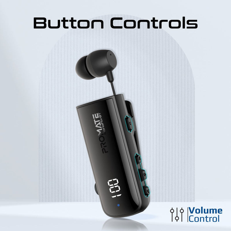Promate MonoFlix-BT Retractable Mono ENC Earphone 150mAh Black-Clip