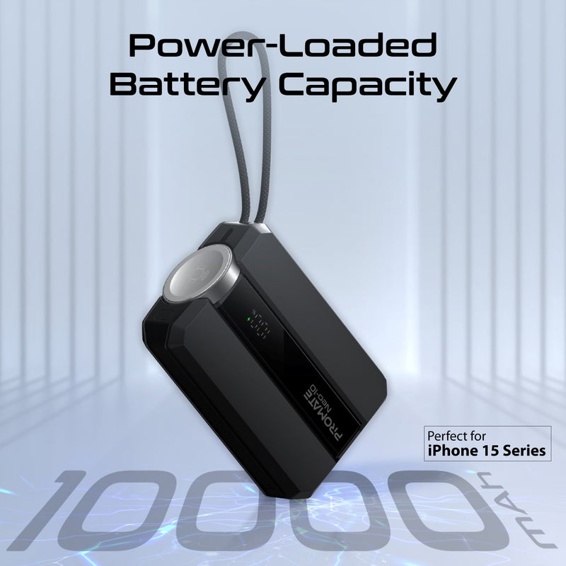 Promate Neo-10 Power Bank 10000mAh Apple Watch Charger 30W PD Black-Angle