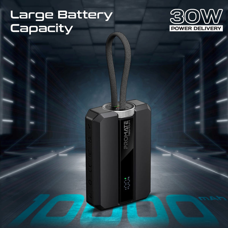 Promate Neo-10Uni Power Bank 10000mAh 30W PD Bidirectional Cable Black-Angle