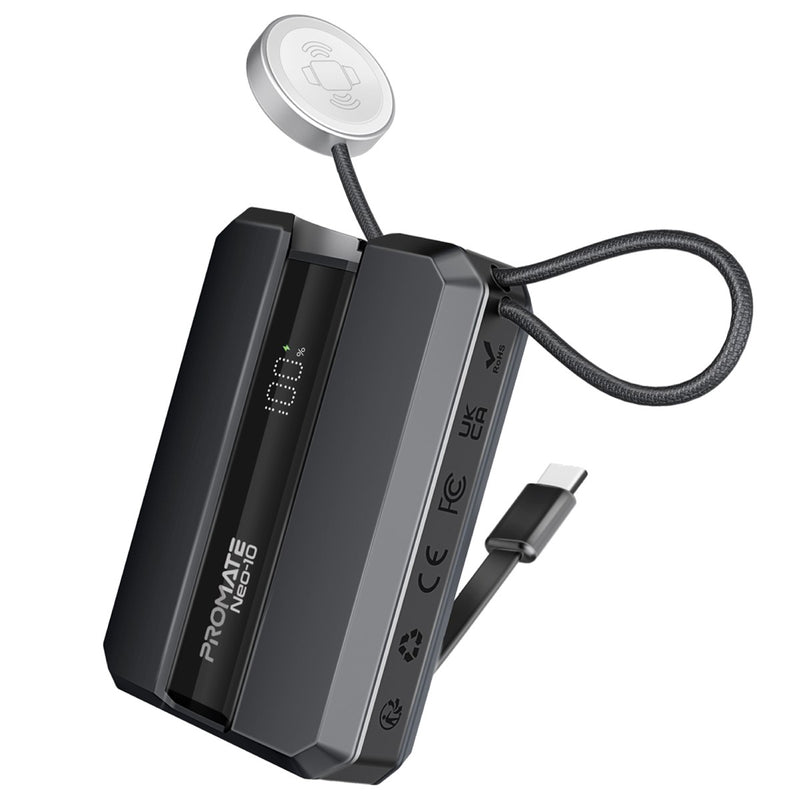 Promate Neo-10 Power Bank 10000mAh Apple Watch Charger 30W PD Grey-Front