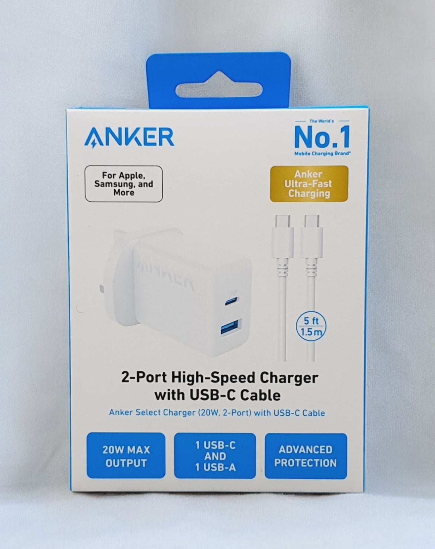 شاحن أنكر سريع بقدرة 20 واط مزدوج المنافذ مع كيبل تايب سي الى تايب سي بطول 1.5م | Anker 20W Dual Port Fast Charger with USB-C - USB-C Cable