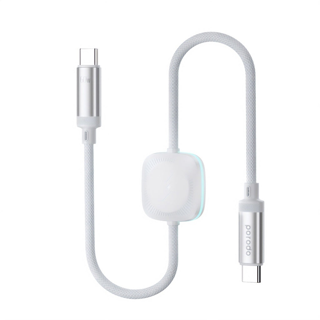 Kabloya Porodo 2-di-1 USB-C bo USB-C 1.2m bi Şarjkera Saeta Bêtêl a 60W - Spî