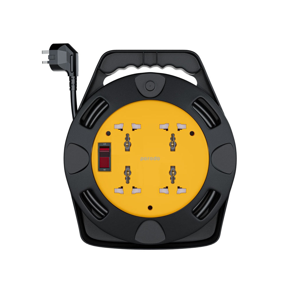 بكرة تمديد كهربائي Porodo 4AC Extension Cable Reel with UK Plug (10m Wire) - Black | 4 مقابس 2500W