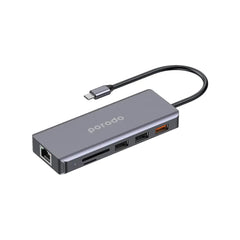 موزع يو اس بي سي بورودو 9 في 1, متعدد المنافذ مع PD بقدرة 100 واط و منفذ HDMI وايثرنت - رمادي | Porodo 9-in-1 USB-C Hub with PD 100W, HDMI, Ethernet, USB, SD, and 3.5mm Aux – Grey