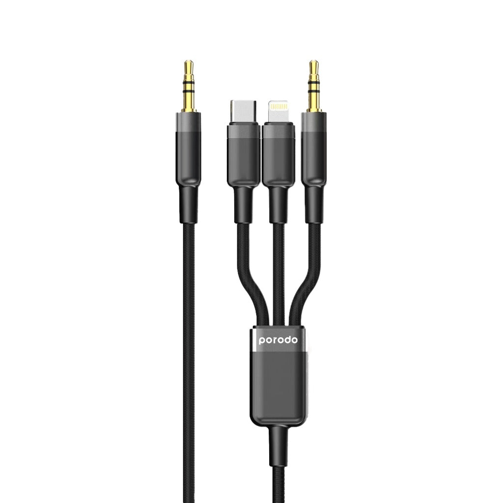 Porodo 3-di-1 AUX 3.5mm bo Lightning û Type-C + Kabloya 3.5mm, 1.2m - Reş