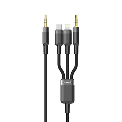 كيبل بورودو 3 في 1 AUX 3.5mm الى لايتننغ و تايب سي و 3.5mm بطول 1.2 متر - اسود | Porodo 3in1 Aux 3.5 to 3.5 + Type-C + Lightning Cable 1.2M - Black