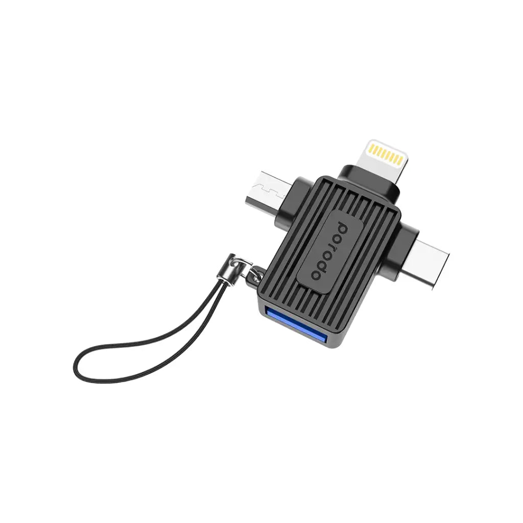 محول بورودو متعدد المنافذ, يو اس بي اي الى لايتننغ + مايكرو يو اس بي + تايب سي - اسود | Porodo USB-A to Lightning, Micro-USB & Type-C Multi-Functional Adapter – Black