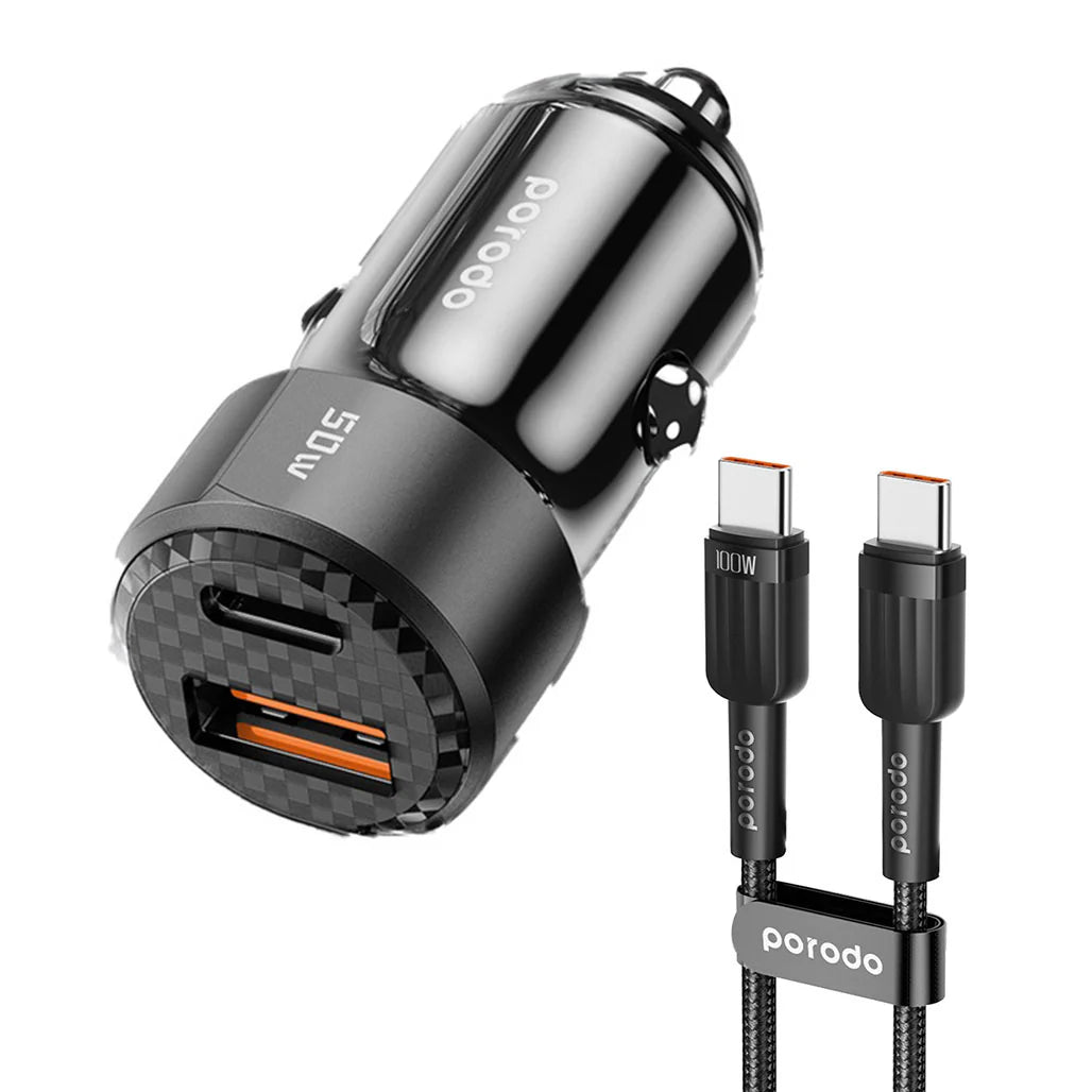 Şarjêra Otomobîlê ya Du Port a 50W bi Kabloya USB-C ber bi USB-C - Reş | Porodo Şarjêra Otomobîlê ya Du Port a 50W PD 20W QC 30W bi Kabloya C ber bi C - Reş