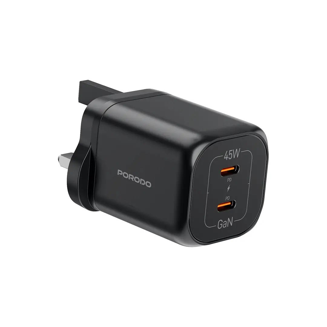 شاحن بورودو GaN بمنفذين تايب سي وبقدرة شحن 45 واط - اسود | Porodo PD45W GaN Dual USB-C Fast Charger UK Plug - Black