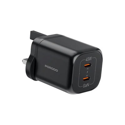 شاحن بورودو GaN بمنفذين تايب سي وبقدرة شحن 45 واط - اسود | Porodo PD45W GaN Dual USB-C Fast Charger UK Plug - Black