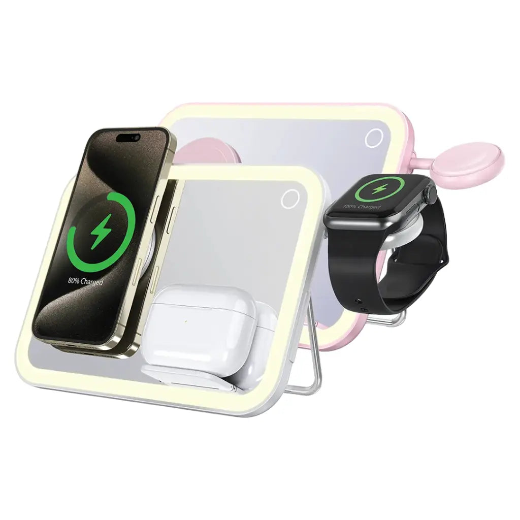قاعدة شحن 3 في 1 من بورودو, ماج سيف بقدرة 15 واط مع مرآة واضائة | Porodo 15W 3-in-1 MagSafe Charging Station with Mirror Light.