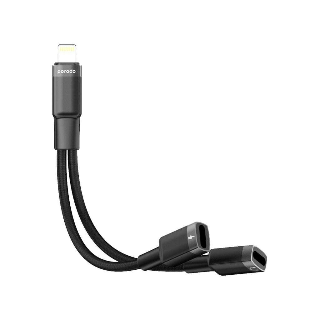 محول بورودو 2 في 1 من لايتننغ الى عدد 2 لايتننغ للشحن وسماعات الرأس - اسود | Porodo 2in1 Lightning to Dual Lightning Jack Headphone & Charging Adapter – Black