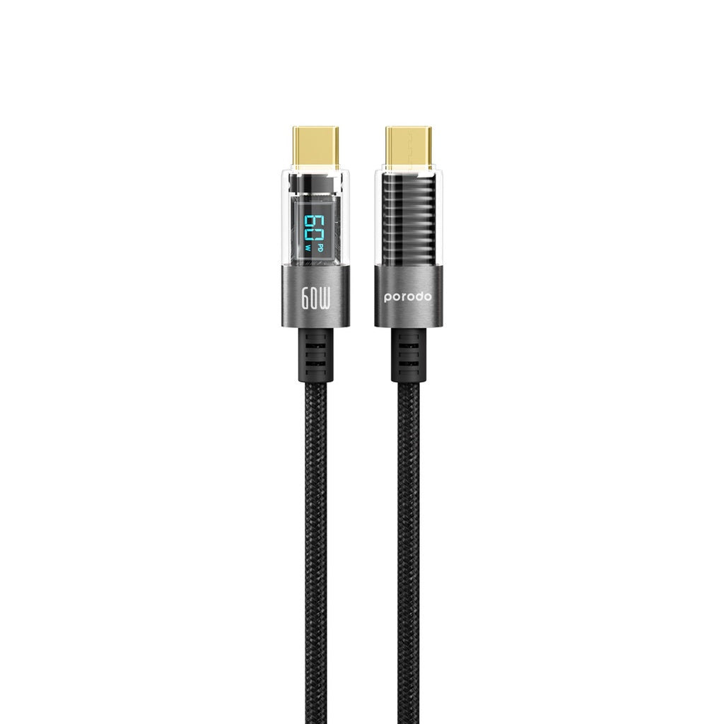 Kabloya Porodo 60W USB-C bo USB-C ya bi PD Displayê ve girêdayî, 1.2m - Reş