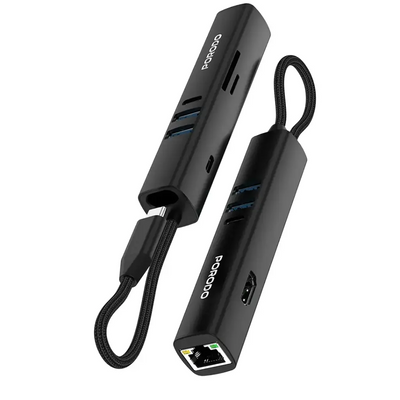 Porodo 8-in-1 USB Multiport Hub with 5Gbps Transfer Speed - Black | بورودو 8 في 1 موزع USB متعدد المنافذ بسرعة نقل 5Gbps - أسود