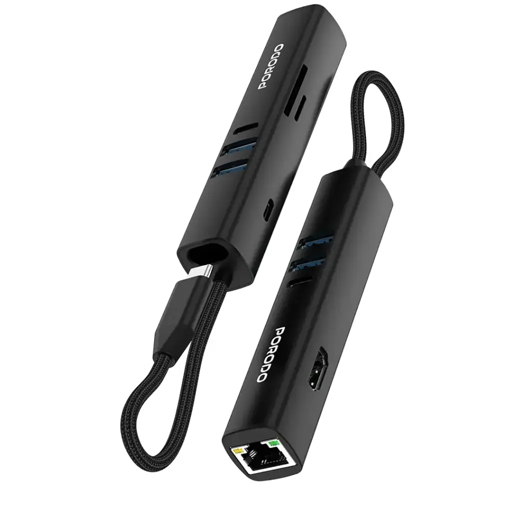 Porodo 8-in-1 USB Multiport Hub with 5Gbps Transfer Speed - Black | بورودو 8 في 1 موزع USB متعدد المنافذ بسرعة نقل 5Gbps - أسود