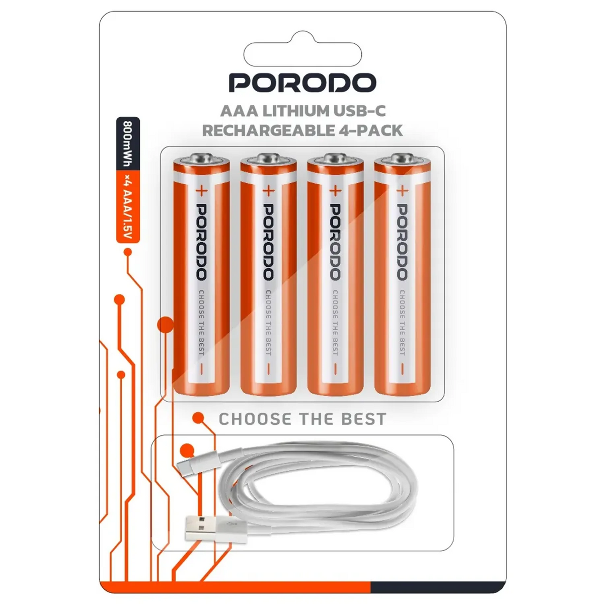 بطاريات بورودو AAA ليثيوم قابلة للشحن 800mWh أربع قطع مع كيبل Type-C | Porodo AAA (4 Pcs) Rechargeable Lithium Battery 800mwh With 4in1 Type C Charging Cable