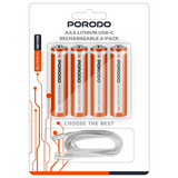 بطاريات بورودو AAA ليثيوم قابلة للشحن 800mWh أربع قطع مع كيبل Type-C | Porodo AAA (4 Pcs) Rechargeable Lithium Battery 800mwh With 4in1 Type C Charging Cable