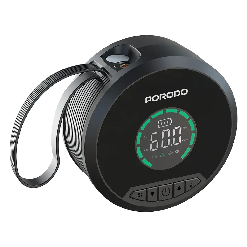 Porodo Gagefit Power Bank & Car Jump Starter with Tire Inflator & LED Light – Black | بنك طاقة ومشغل تشغيل السيارة Porodo Gagefit مع منفاخ إطارات ومصباح إضاءة – أسود