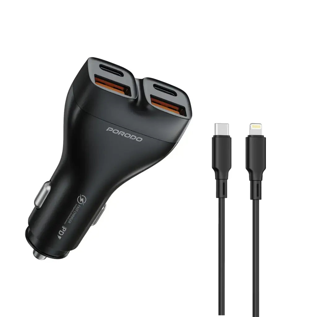 Porodo Dualpower 102W Car Charger USB-C To Lightning Cable - Black | شاحن سيارة بورودو ديوال باور 102 واط - أسود