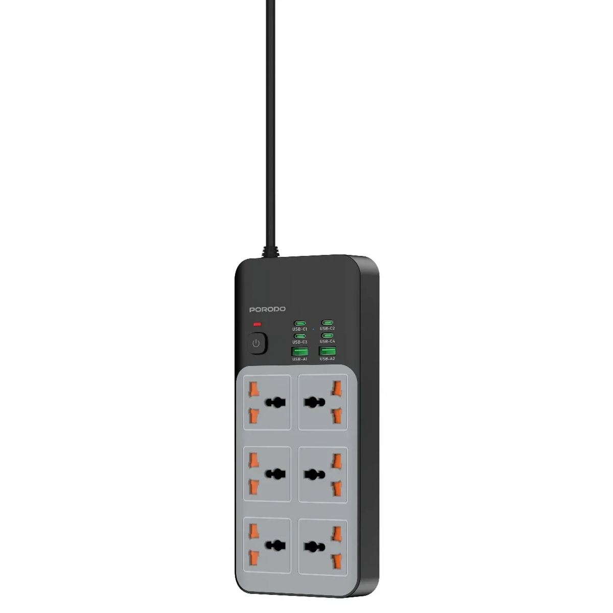 مشترك كهرباء بورودو بستة مخارج عالمية ومنافذ USB وكيبل 3 أمتار - رمادي | Porodo 6-1 Power Socket with Universal AC Output 4C 3M Length – Grey