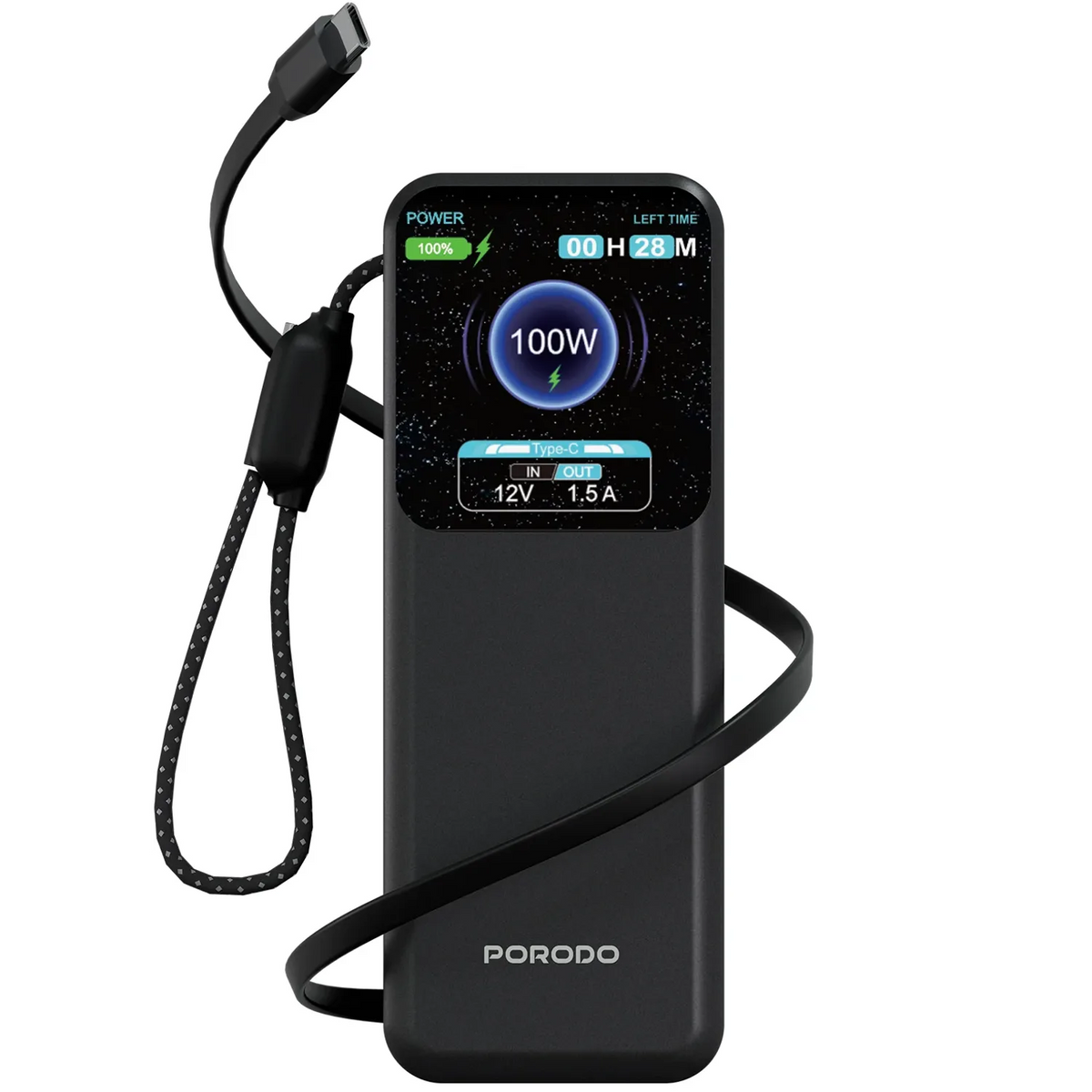 باور بانك بورودو Polo بسعة 20000mAh وشحن 100 واط مع كيبل Type-C | Porodo Polo 20000MAH 100w Powerbank With Type-C to c Cable & Retractable
