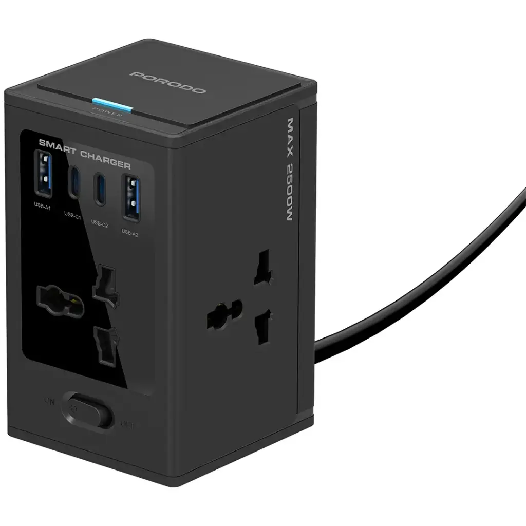 محول بورودو الكهربائي GaN متعدد المنافذ مع 4 مقابس AC - أسود | Porodo Universal GaN Multi-Port Cube Adapter with 4 AC Sockets - Black