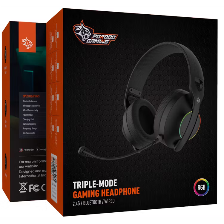 Porodo Gaming 2.4G Bluetooth AUX Wireless Gaming Headset - Black | سماعة ألعاب لاسلكية من بورودو جيمنج - أسود