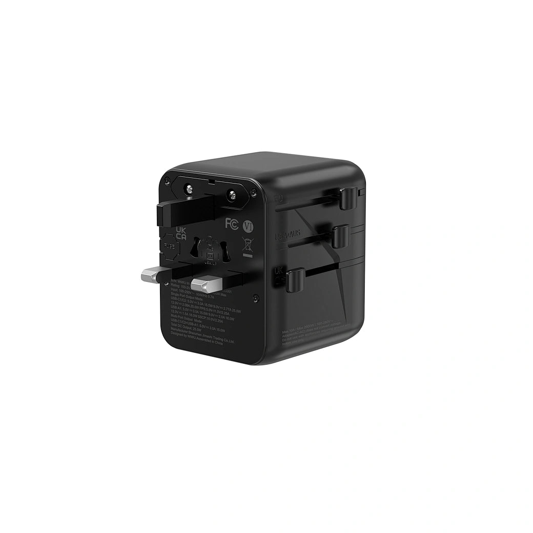 محول سفر عالمي ويوو GaN بقدرة شحن 25 واط - اسود | WiWU Wi-UA011 Warrior 25W GaN Universal Adapter 2C1A