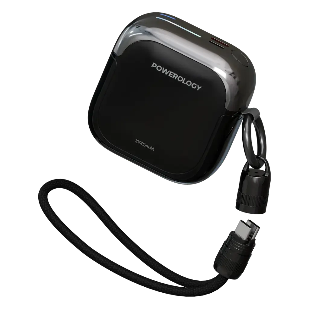 باور بانك باورولوجي Bahamas سعة 10000 مللي أمبير مع كيبل USB-C ولايتننغ - أسود | Powerology Bahamas 10000mAh Power Bank with USB-C and Lightning Cables - Black