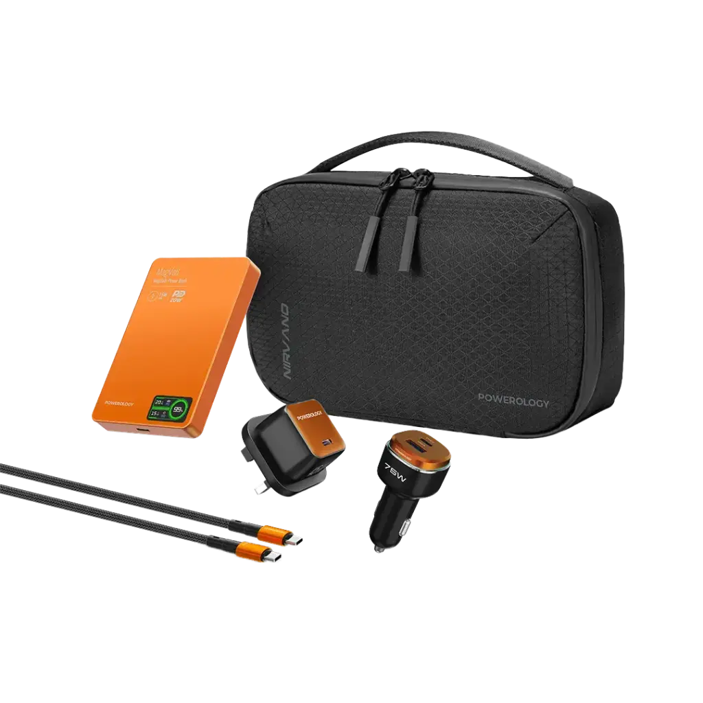 Powerology Nirvano 5-In-1 Power Travel Kit - Black/Orange | طقم سفر باور 5 في 1 من باورولوجي نيرفانو