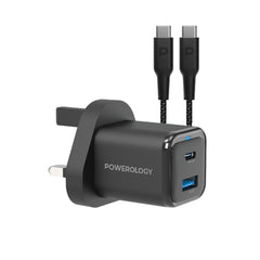 شاحن باورولوجي GaN 35 واط PD + QC بمنفذين USB-C و USB-A مع كابل Type-C 60W – UK | Powerology 35W GaN PD QC Charger USB-C + USB-A with 60W Type-C Cable UK Black