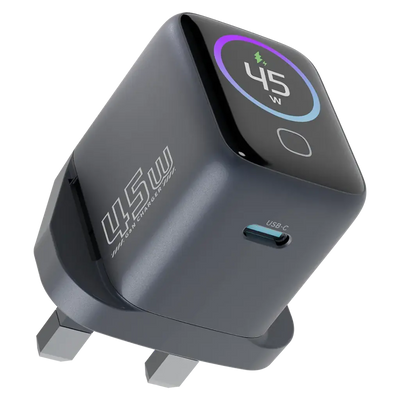 محول باورولوجي VoltFlow 45 واط USB-C مع شاشة TFT – شحن سريع ذكي | Powerology VoltFlow 45W Type-C Adaptor with TFT Screen Grey